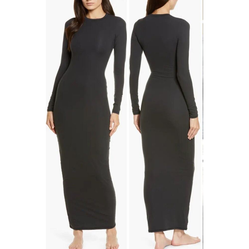 SKIMS Soft Lounge Long-sleeve Maxi Slip Dress in Black Onyx Size XS NWT